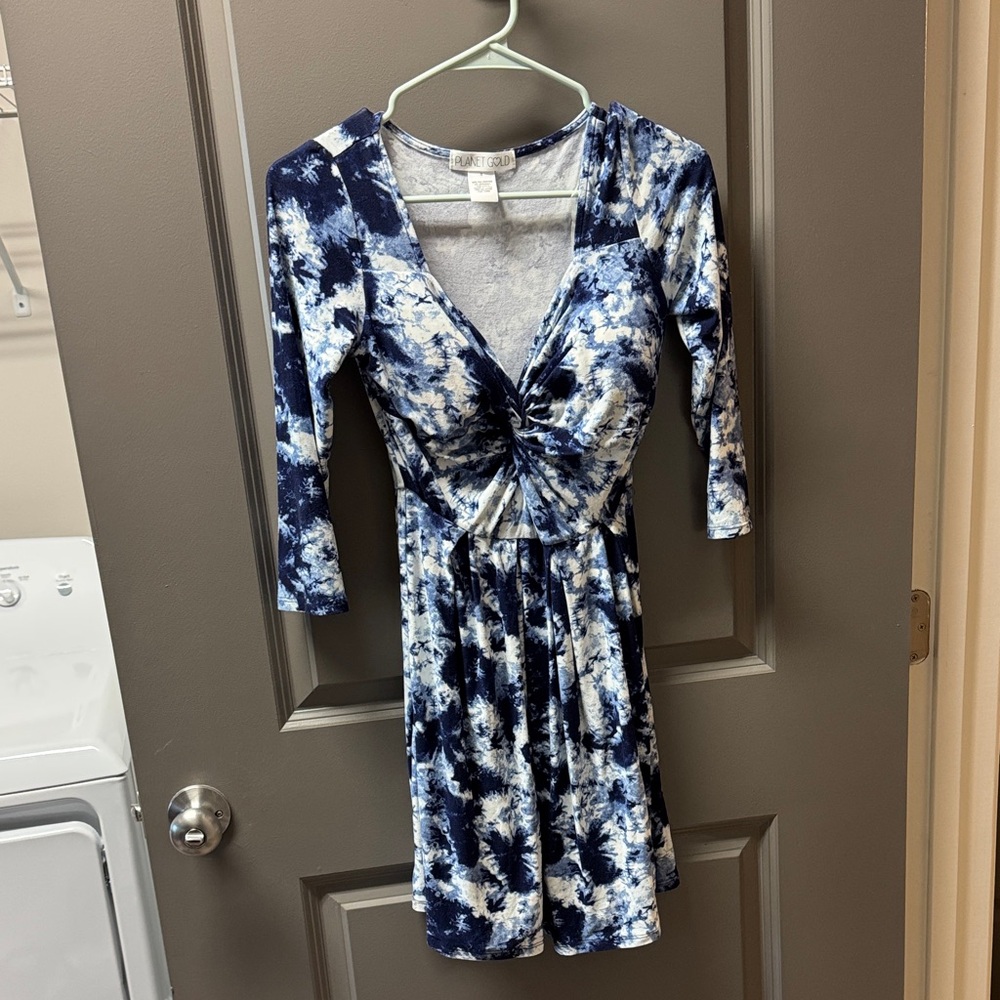 Planet Gold Navy Tie-Dye Long Sleeve Dress